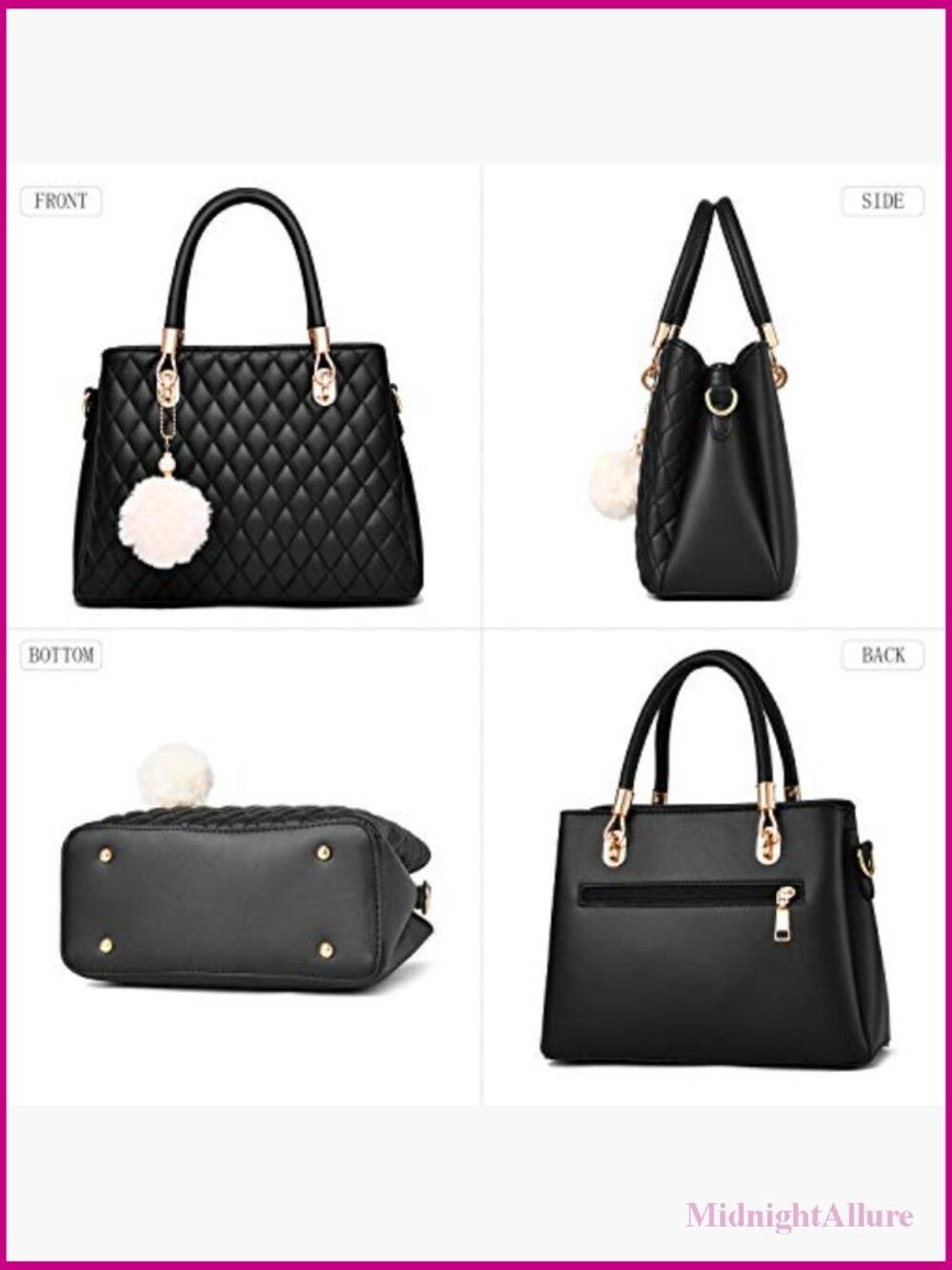 Medium PU Leather Tote Satchel with Pompon - Picture 3 of 7
